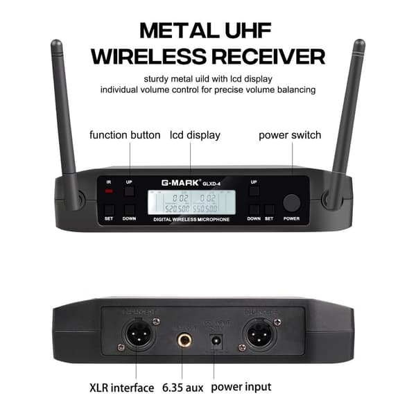 Trådløst Mikrofon System, Dual UHF Frekvenser, Automatisk Frekvenssynkronisering,EU-stik