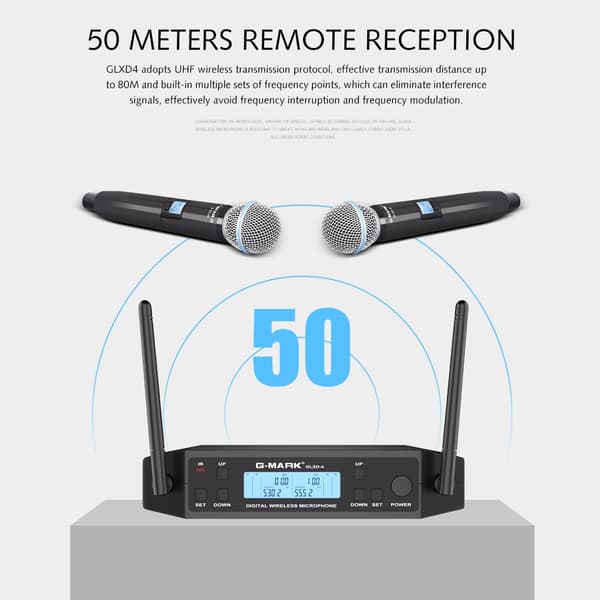 Trådløst Mikrofon System, Dual UHF Frekvenser, Automatisk Frekvenssynkronisering,EU-stik