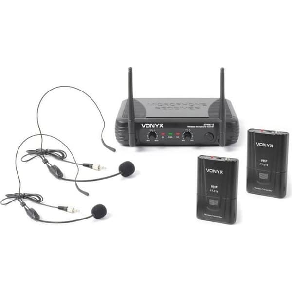 Trådlös VHF-mikrofon 2 kanaler SkyTec STWM712H med pannhuvud och 2 sändare