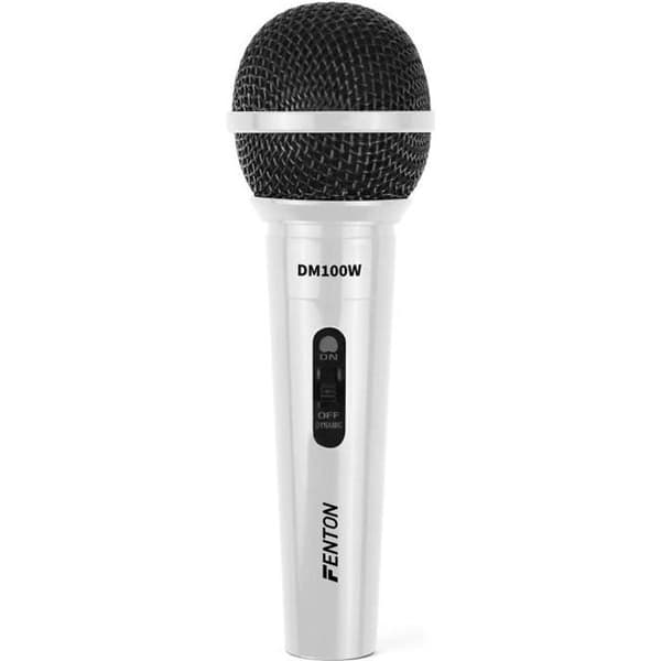 Fenton DM100W Dynamisk Mikrofon – Trådbunden mikrofon, Vit, 3 meter sladd, Jack 6.35 mm hane, Strömbrytare för på/av