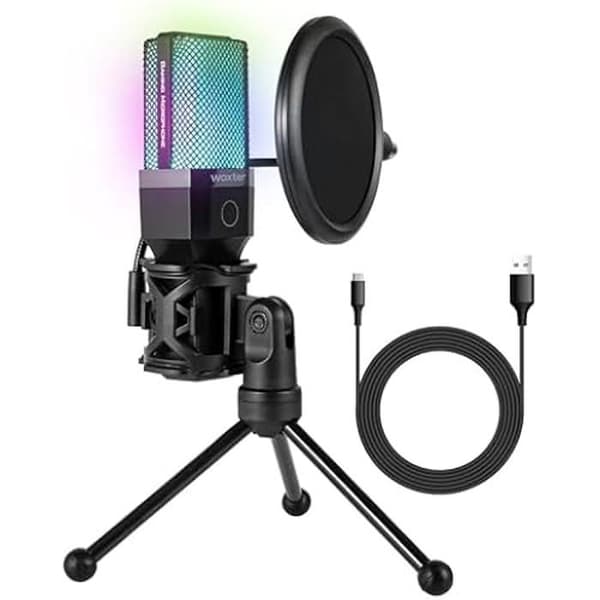 Woxter Mic Studio 65 RGB kardioidmikrofon, stativ ingår, RGB-belysning, kompatibel med YouTube, Skype, Twitch