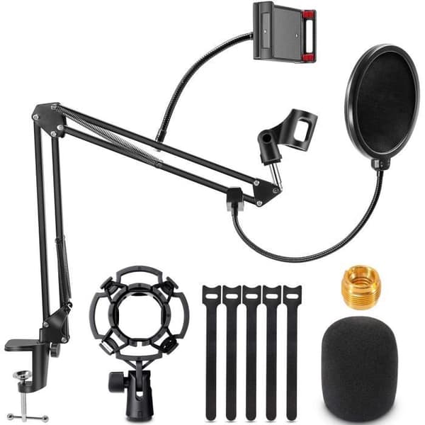 Mikrofonstativ, Justerbart Mikrofonstativ med C-stöd, Mikrofonupphängning med popfilter, Mikrofonklämma