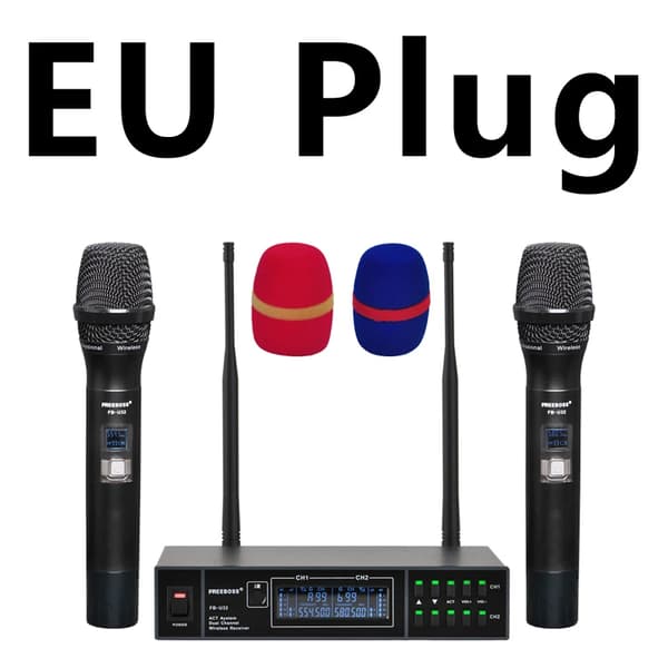 Trådlöst mikrofonssystem, dubbla handhållna mikrofoner, justerbar frekvens,EU-kontakt