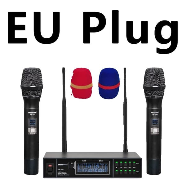 Trådlöst mikrofonssystem, dubbla handhållna mikrofoner, justerbar frekvens,EU-plugg