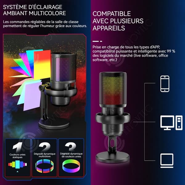 INN USB-mikrofon RGB-spelmikrofon för spelströmning och poddsändning brusreducering med LED-ljus och stötfäste