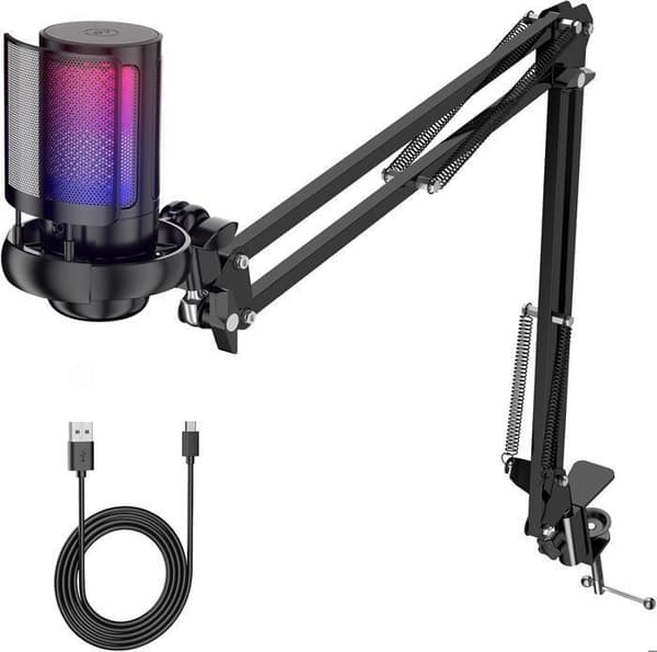 USB Mikro Gaming, RGB Kondensatormikrofon - med popfilter/stumknapp/gain/monitor/mikrofonarm - svart - för PS4, laptop, PS5, Mac OS