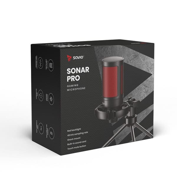 SAVIO langallinen pelimikrofoni taustavalolla, jalustalla, USB:llä, SONAR PRO