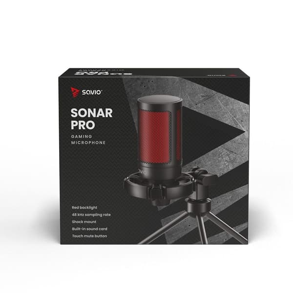 SAVIO langallinen pelimikrofoni taustavalolla, jalustalla, USB:llä, SONAR PRO