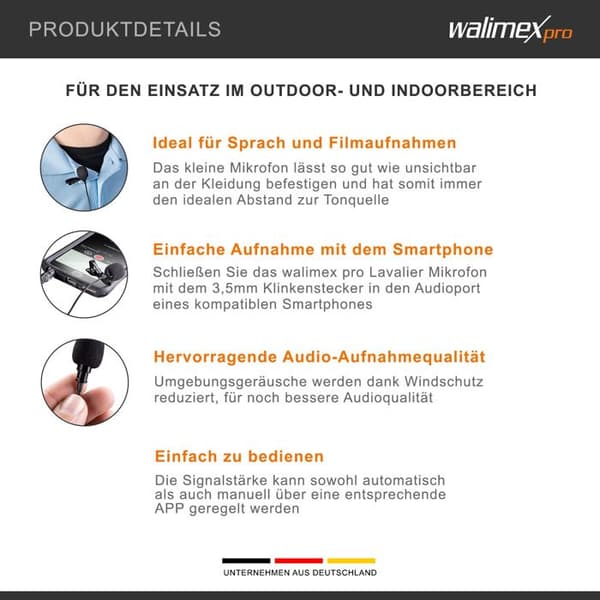 walimex Lavalier, smartphonemikrofon, 35 - 18000 Hz, rundstrålande, trådbunden, 3,5 mm (1-8"), 1,2 m