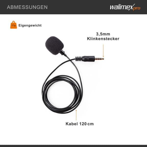 walimex Lavalier, smartphonemikrofon, 35 - 18000 Hz, rundstrålande, trådbunden, 3,5 mm (1-8"), 1,2 m