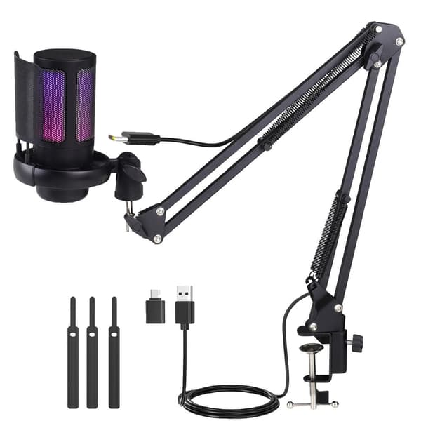 USB kondensatormikrofon, RGB-belysning, metal boom-arm,sort