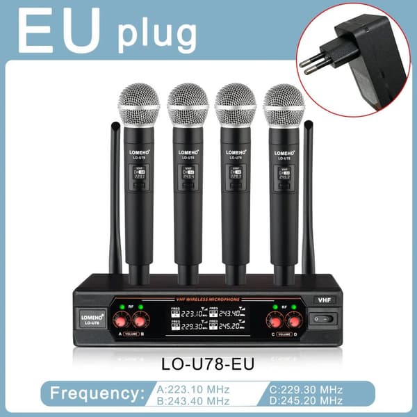 VHF Langaton Mikrofonijärjestelmä, 4 Kädessäpidettävää Mikrofonia, 30m Kantomatka,EU-liitin