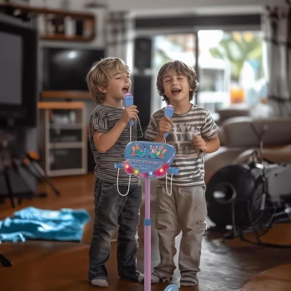 Stitch-mikrofon på justerbart, belyst stativ med högtalare, 2 mikrofoner och sångeffekter, Bluetooth-högtalare