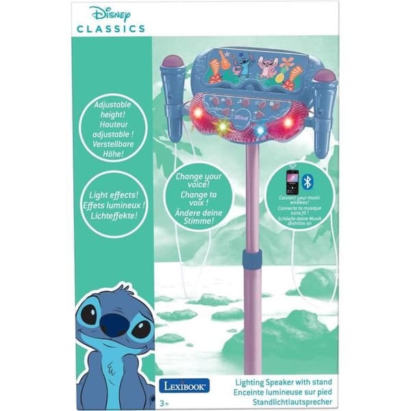Stitch-mikrofon på justerbart, belyst stativ med högtalare, 2 mikrofoner och sångeffekter, Bluetooth-högtalare