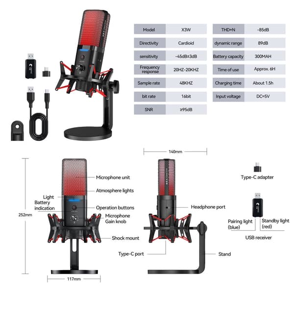 INF Dual Mode Trådløs Kablet Gaming RGB Mikrofon