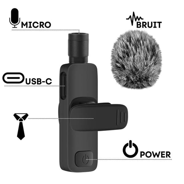 Mikro lavalier trådlös Lightning 2x mikrofoner + vindskydd utomhus Svart