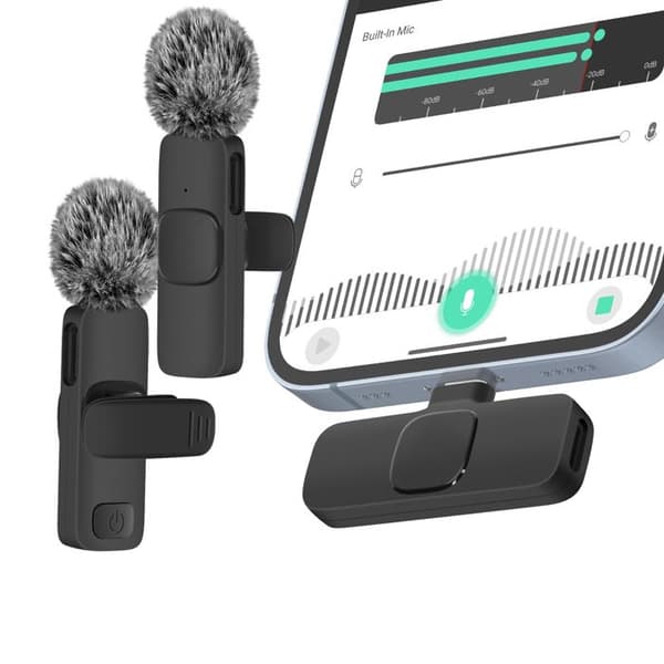 Mikro lavalier trådlös Lightning 2x mikrofoner + vindskydd utomhus Svart