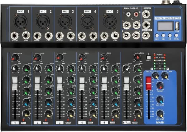 Lydmixer, 7 kanaler, Bluetooth-forbindelse, 5-segment LED-display,sort