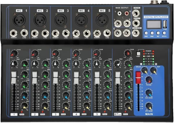 Lydmixer, 7 kanaler, Bluetooth-forbindelse, 5-segment LED-display,sort