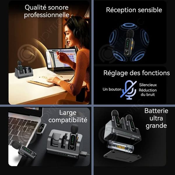 INN Micro trådlös lavalier 2,4 GHz med två mikrofoner, intelligent brusreducering och ljudabsorberande mikrofon med magnetisk fäste