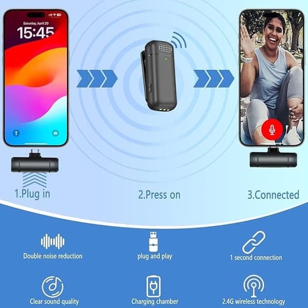 OBOSOE 2-Pack Trådlös Lavalier Mikrofon med Laddningsetui – 3-i-1 Mini Mic för iPhone/Android, Video, Vlogg, TikTok, YouTube