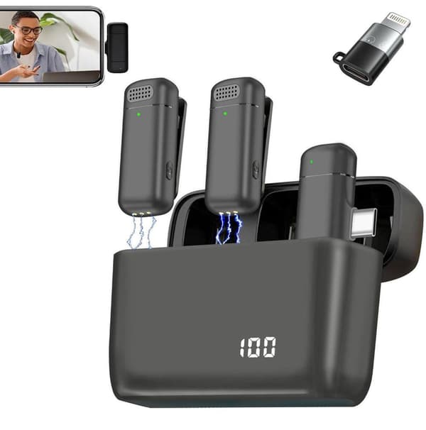 OBOSOE 2-Pack Trådlös Lavalier Mikrofon med Laddningsetui – 3-i-1 Mini Mic för iPhone/Android, Video, Vlogg, TikTok, YouTube