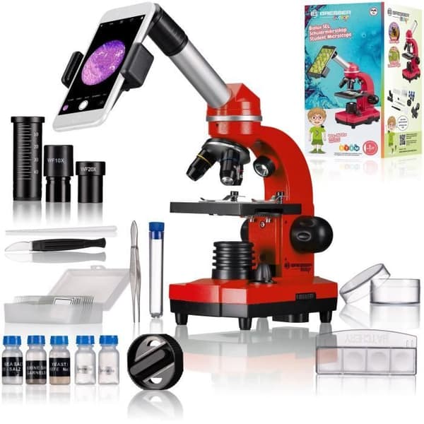BIOLUX SEL studentmikroskop - BRESSER JUNIOR - 40x-1600x förstoring - experimentsats - röd Röd