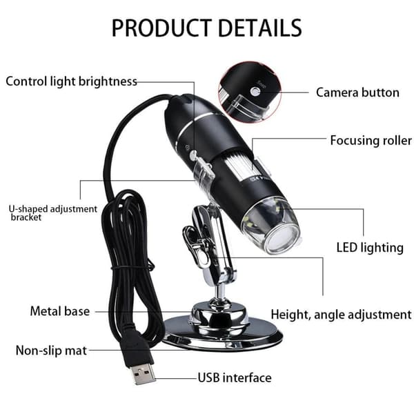 1600X 2MP bärbar handhållen HD digitalt mikroskop med stativ, USB-gränssnitt och 8 justerbara LED-lampor, bred applikation