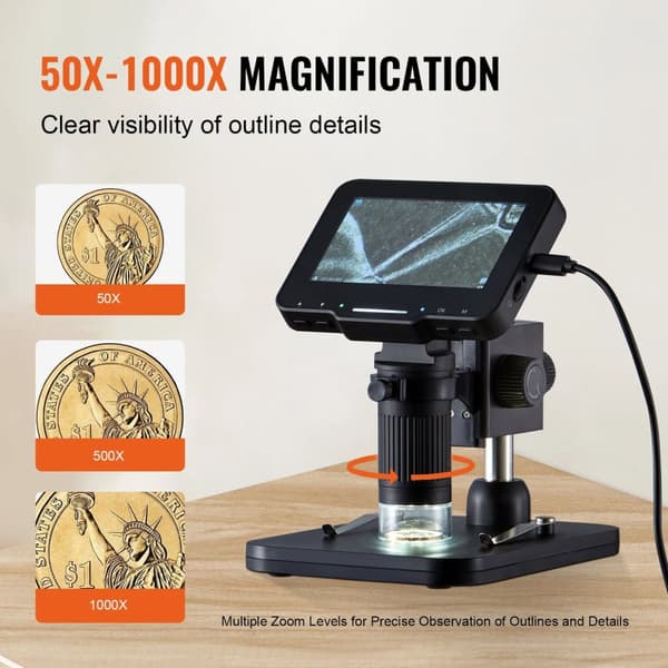50-1000X 0-50mm fokusområde digitalt mikroskop med foto/videofunktion, 4,3" skärm, stödjer PC-anslutning, genomtänkta detaljer