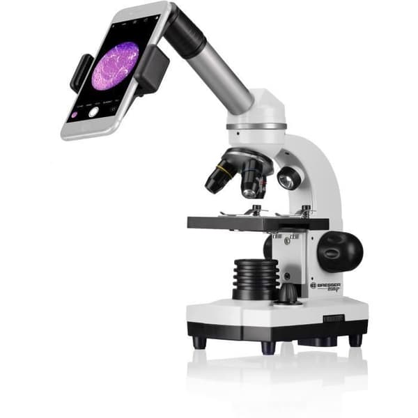 Biolux SEL mikroskop med zoomsystem - BRESSER JUNIOR - 40x-1600x förstoring - smartphonehållare - vit stel box
