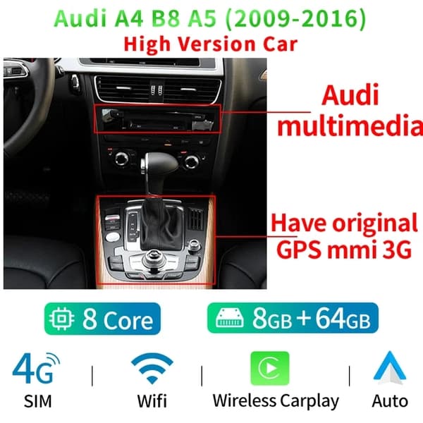 Android Auto -autoradio, langaton Carplay, GPS, MTK LOW 4-32GB, kahdeksanytiminen