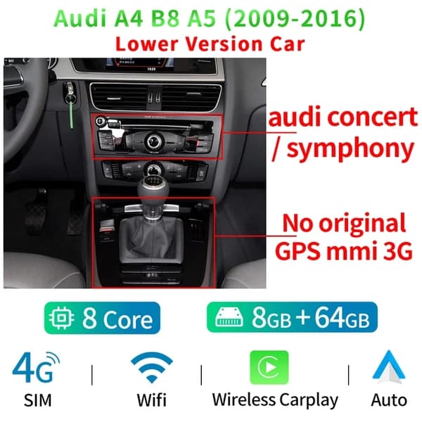 Android Auto -autoradio, langaton Carplay, GPS, MTK LOW 4-32GB, kahdeksanytiminen