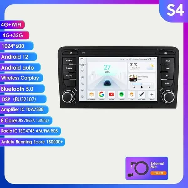 Carplay Android Autoradio, 4G-forbindelse, multimedie videospiller, S4 (8Core 4G 32G)