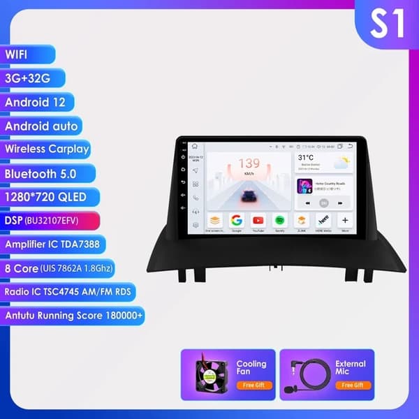 Autosoitin, Android 12, Carplay-integrointi, S1-3G 32G-8cores