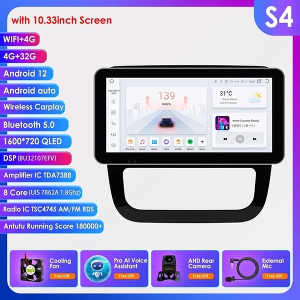 Carplay Android Auto, AI-integraatio, GPS-navigointi, 1033 tuuman S8 AI AHD2