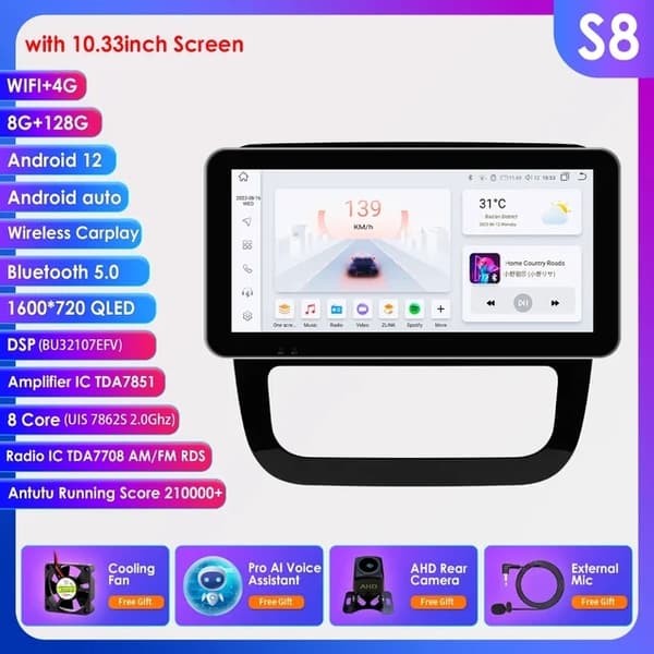 Carplay Android Auto, AI-integraatio, GPS-navigointi, 1033 tuuman S8 AI AHD2