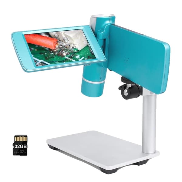 Håndholdt Digitalt Mikroskop, 4-Tommers Skærm, 8 Justerbare LED-Lys,Blå-Stand Blue-Stand
