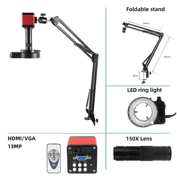 Digitalt mikroskopkamera, 1-150X forstørrelse, 1080P HDMI-udgang,HDMI VGA Sæt