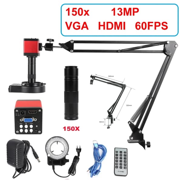 Elektronisk Digital Mikroskop, 13MP Billede Output, HDMI og VGA Kompatibilitet,1-150x1-150x, HDMI VGA 13MP Sæt