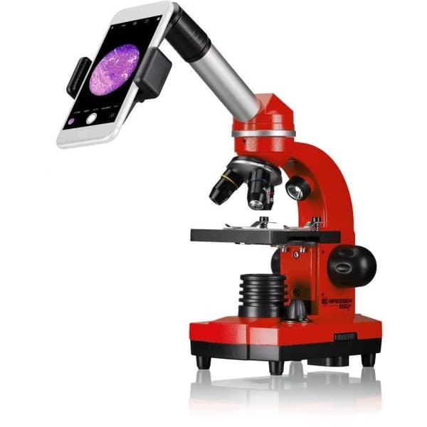 BIOLUX SEL studentmikroskop - BRESSER JUNIOR - 40x-1600x förstoring - experimentsats - röd