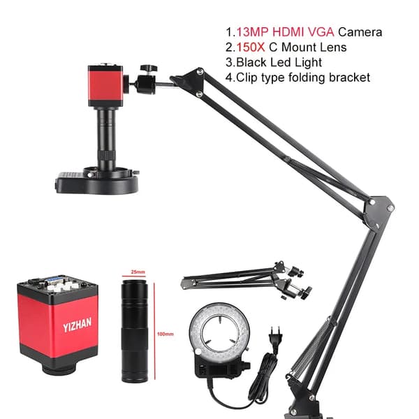 Video Mikroskop, 4K Opløsning, 60FPS, LED Lys,1-130X, 150X 13MP HDMI VGA