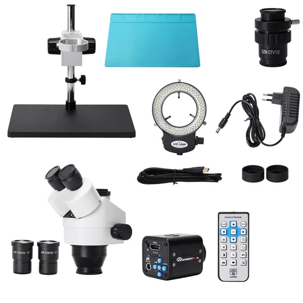 Binokulært stereo mikroskop, 7X-45X forstørrelse, 2K kamera, 144 LED belysning