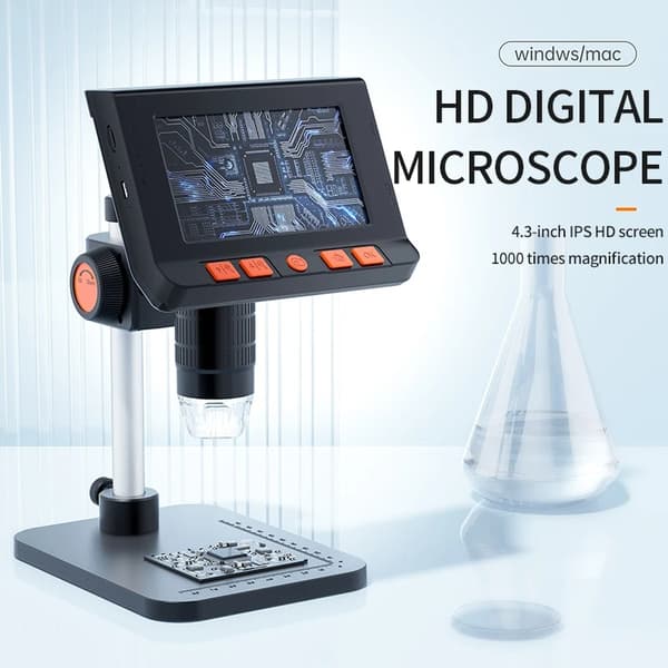 1080P 50X-1000X digitalt mikroskop med 4,3" HD LCD-skärm och 8 justerbara LED-lampor, deformerbart och bärbart