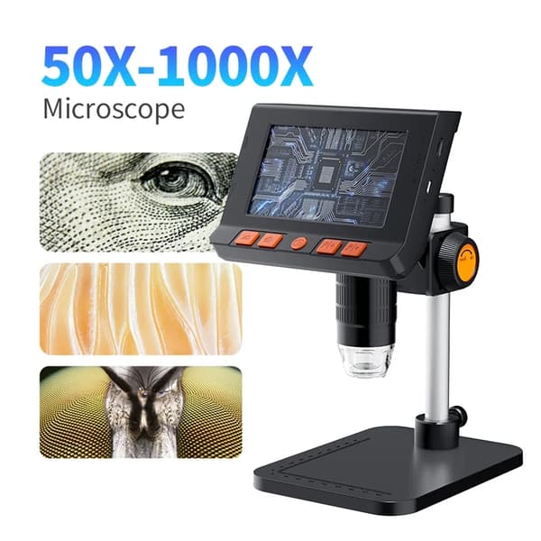 1080P 50X-1000X digitalt mikroskop med 4,3" HD LCD-skärm och 8 justerbara LED-lampor, deformerbart och bärbart