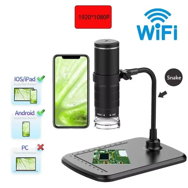 50X-1000X 1080P trådlöst digitalt mikroskop med justerbart stativ, HD WiFi bärbart handhållet minimikroskop för iOS, Android