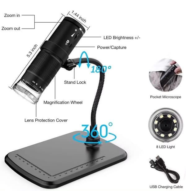 50X-1000X 1080P trådlöst digitalt mikroskop med justerbart stativ, HD WiFi bärbart handhållet minimikroskop för iOS, Android