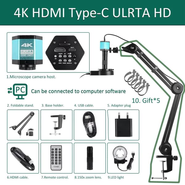 HD Digitaalinen Mikroskooppi, 4K Videotallennus, 150X Suurennos,4K 48MP SONY IMX415