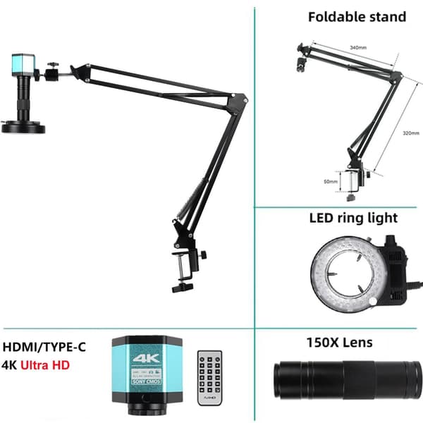 Digitaalinen mikroskooppi, 150X suurennos, LED-renkaisvalaisin,HDMI TYPE-C -sarja
