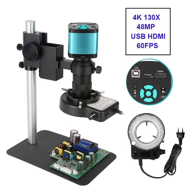 1-130X 4K 48MP HDMI USB 60FPS monokulärt videomikroskop kit, variabel ljusintensitet och riktning