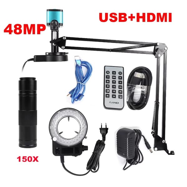 1080P 48MP 4K 2K HDMI USB-videomikroskopkamera, HD digitalt mikroskop, 150X C-mount-objektiv, stort synfält